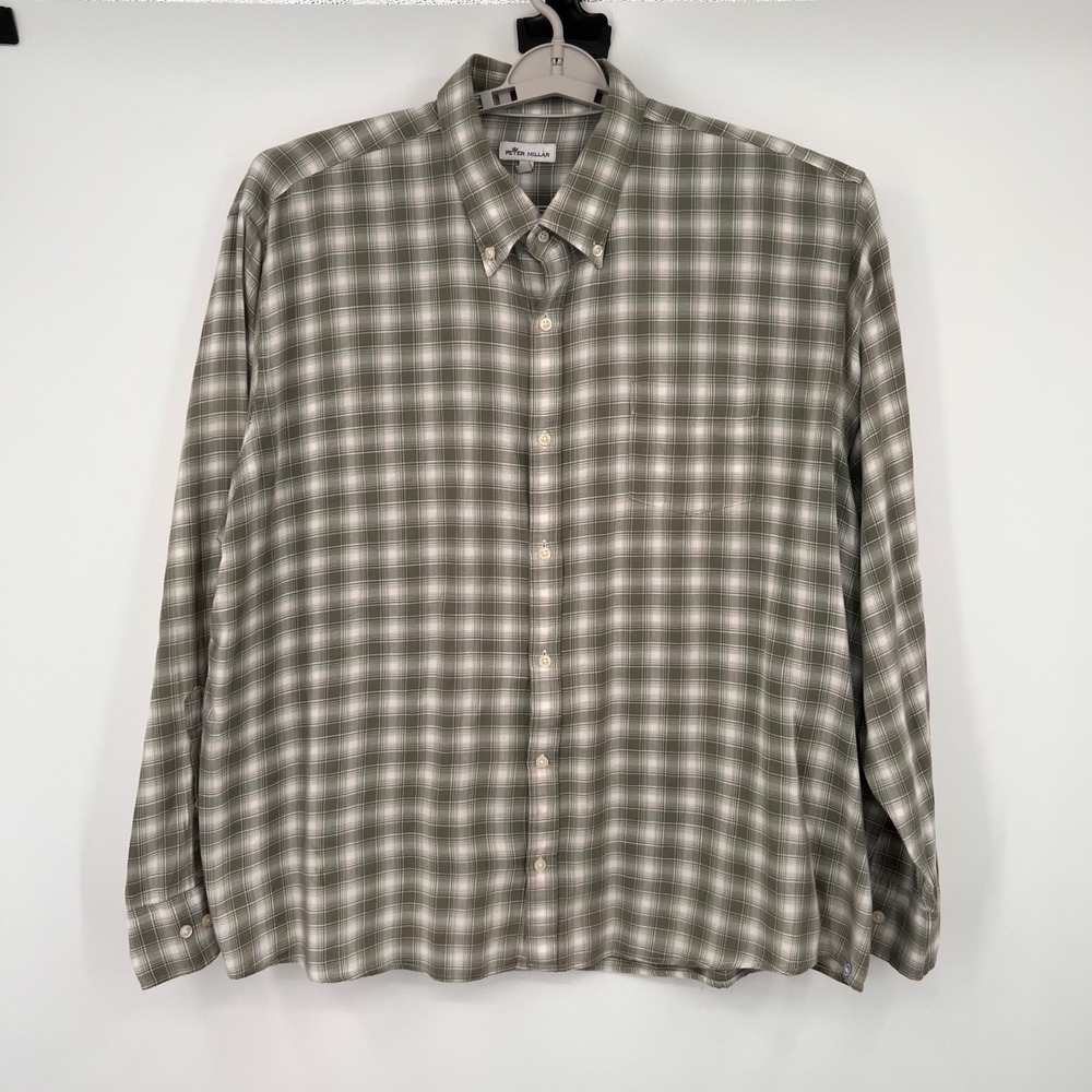 Peter Millar Mens XXL Olive Green Plaid Cotton Button Down Golf Shirt